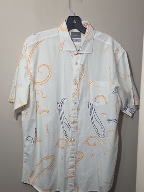 Thomas Dean White Short-Sleeve Button-Up with Orange and Purple Print